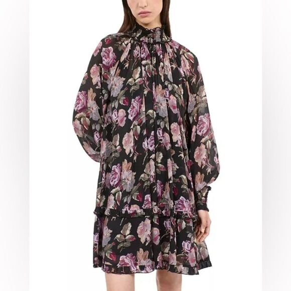 NWT The Kooples Floral Smocked Mock Neck Mini Dress womens size 10 - Picture 1 of 15